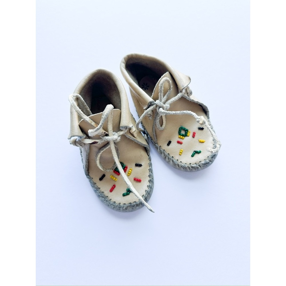 Vintage Guilfair Moccasins Kids Beige Leather Beaded Moccasin Shoes Toddler Size